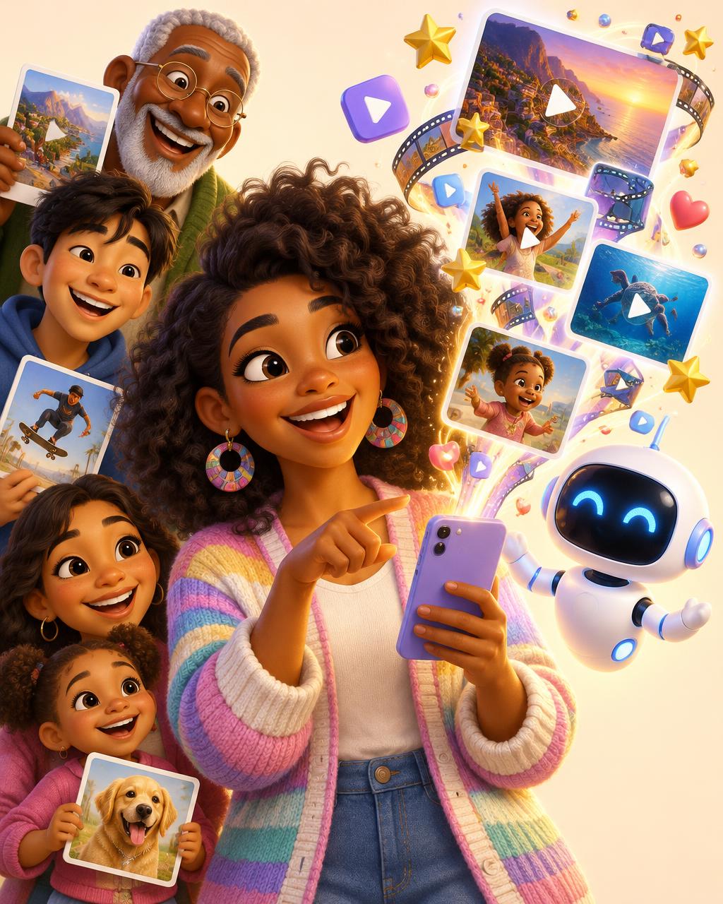 A smiling creator surrounded by floating video cards and a friendly robot helper